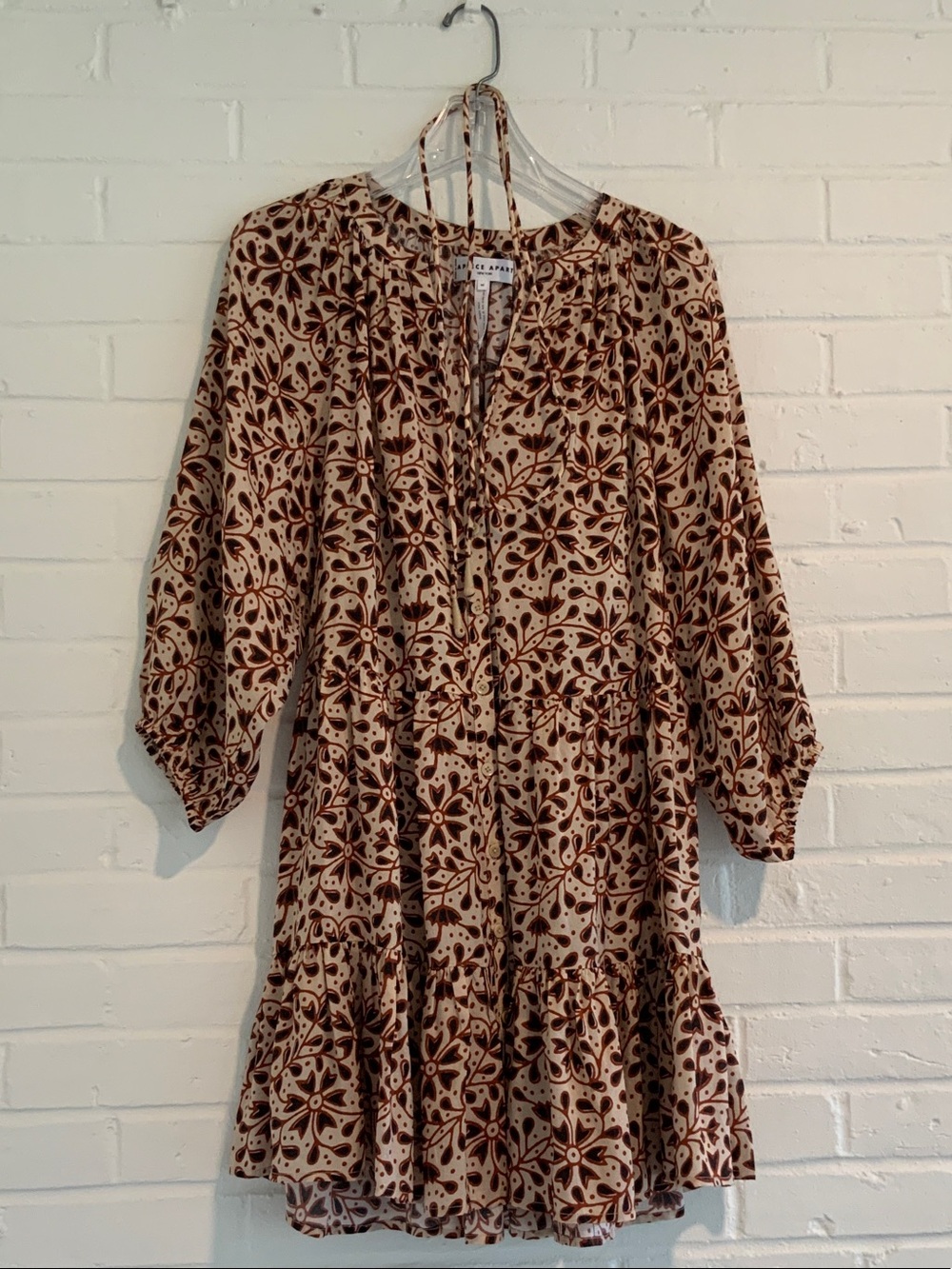 Apiece Apart Cream and Brown Silk Floral Mini Dress with belt